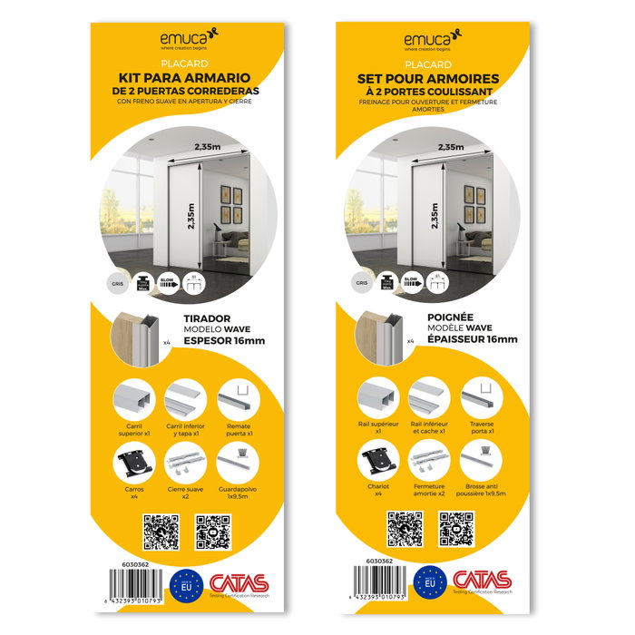 Emuca Kit de ferrures pour Placard 81 2 coulissants et fermeture souple, profilé Wave, épaisseur 16mm, panneaux non inclus, Anodisé mat