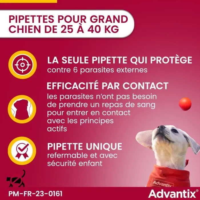 Advantix Solution Antiparasitaire pour Grands Chiens 25 a 40kg - 4 Pipettes Anti-Puces et Tiques