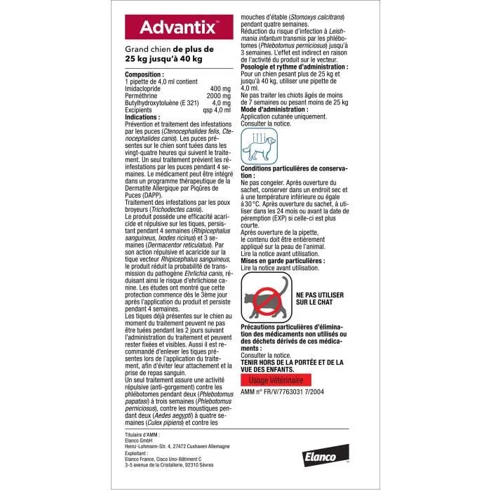 Advantix Solution Antiparasitaire pour Grands Chiens 25 a 40kg - 4 Pipettes Anti-Puces et Tiques