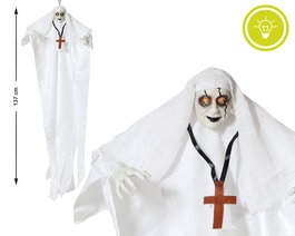 Steren - Figurine Suspendue de Nonne Démoniaque Blanche avec Croix et Lumières, 137 cm - Décoration d'Halloween Effrayante