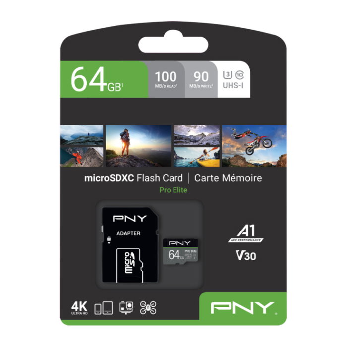 PNY 64GB Elite MicroSDXC UHS-I U3 Classe 10 Carte Mémoire Micro SD