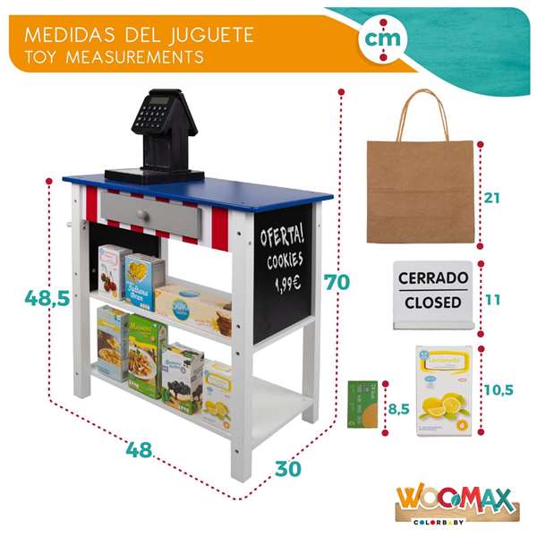 Color Baby Supermarché en Bois Woomax avec 25 Accessoires et Caisse Enregistreuse Électrique - 48x30x70 cm Color Baby Supermarché en Bois Woomax avec 25 Accessoires et Caisse Enregistreuse Électrique - 48x30x70 cm