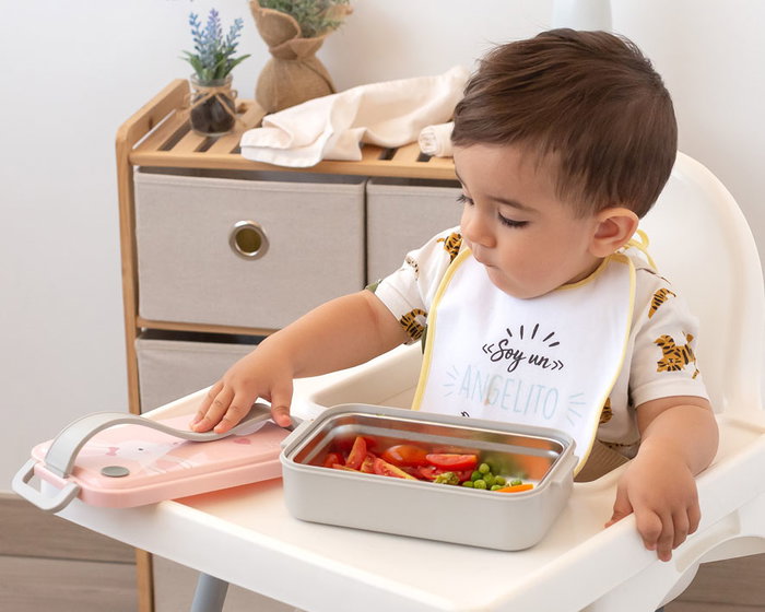 KioKids - Boîte repas isotherme en acier inoxidable pour enfants, 550 ml, motif lapin rose, collection Dolci Amici, pour snack ou déjeuner