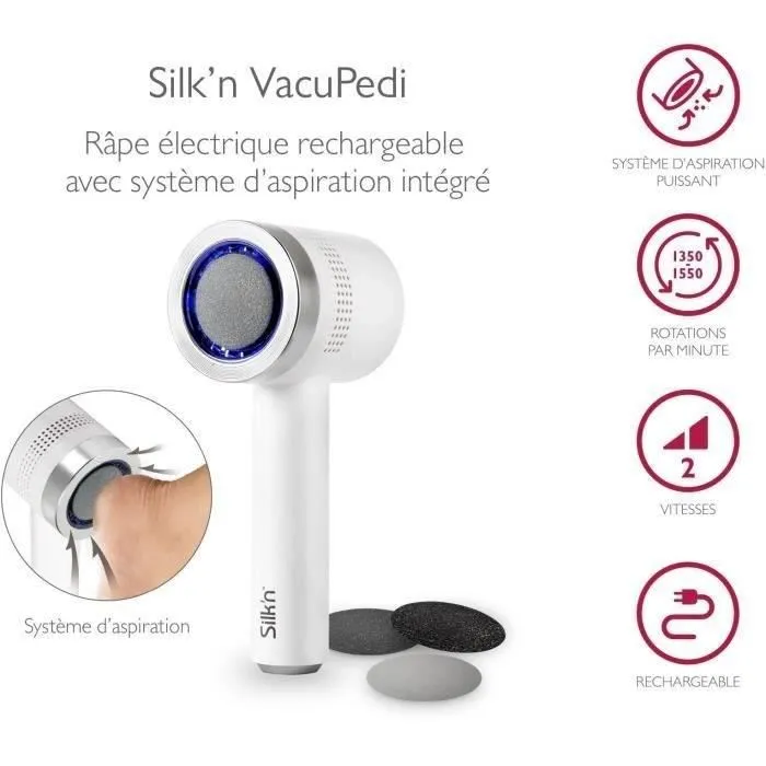 Silk'N Râpe électrique anti-callosités Vacupedi avec aspiration intégrée et 2 râpes Silk'N Râpe électrique anti-callosités Vacupedi avec aspiration intégrée et 2 râpes