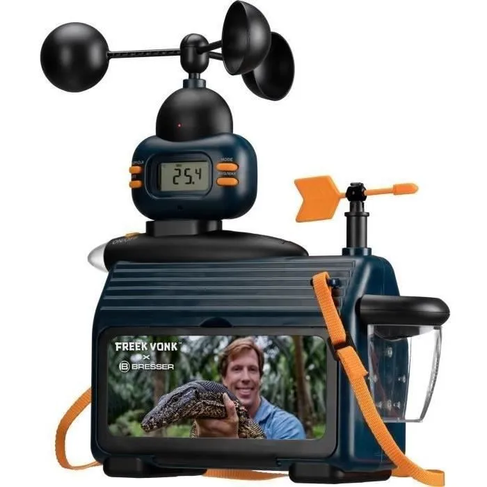 Bresser - Station météo extérieure FREEK VONK pour enfants (dès 8 ans) - Mesure température, pluie, vitesse du vent avec écran LCD et lumière clignotante