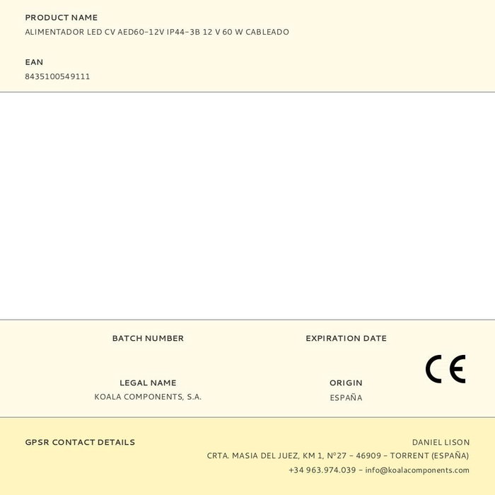 Letaron Alimentateur LED CV Aed60-12v 12V 60W Câblé IP44