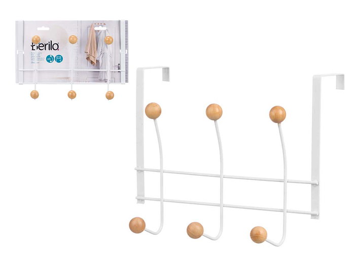 BERILO Perche 6 Crochets Métal Bambou Blanc et Bois 28x6.5x22 cm (Set de 24) BERILO Perche 6 Crochets Métal Bambou Blanc et Bois 28x6.5x22 cm (Set de 24)