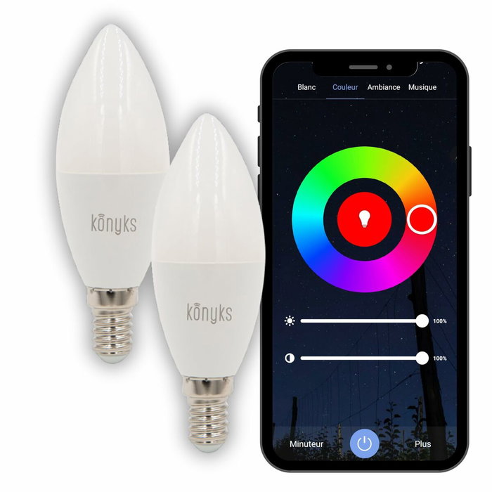 Konyks Antalya E14 Max Easy Dual Pack - Lot de 2 Ampoules LED Connectées RGB & Blanc Réglable Konyks Antalya E14 Max Easy Dual Pack - Lot de 2 Ampoules LED Connectées RGB & Blanc Réglable