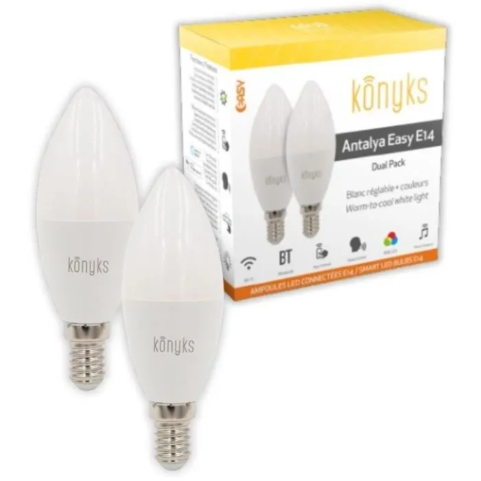 Konyks Antalya E14 Max Easy Dual Pack - Lot de 2 ampoules LED E14 connectées Wi-Fi et Bluetooth, RGB, blanc réglable 2700K-6500K, 5W, compatibles Alexa et Google Home Konyks Antalya E14 Max Easy Dual Pack - Lot de 2 ampoules LED E14 connectées Wi-Fi et Bluetooth, RGB, blanc réglable 2700K-6500K, 5W, compatibles Alexa et Google Home
