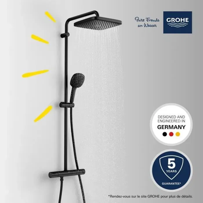 GROHE Vitalio Comfort 250 266962431 - Colonne de douche mitigeur thermostatique Noir Mat avec tête et pommeau - Economie d'eau