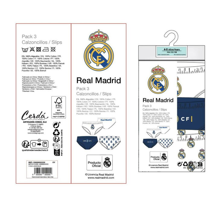 Cerdá Pack de 3 caleçons Single Jersey Real Madrid Taille 6-8 ans