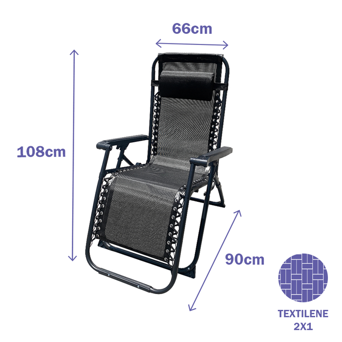 Marbueno Tumbona Plegable Acier avec Coussin Jardin et Piscine 90x65x108 cm Gravité Zéro Noir 10006