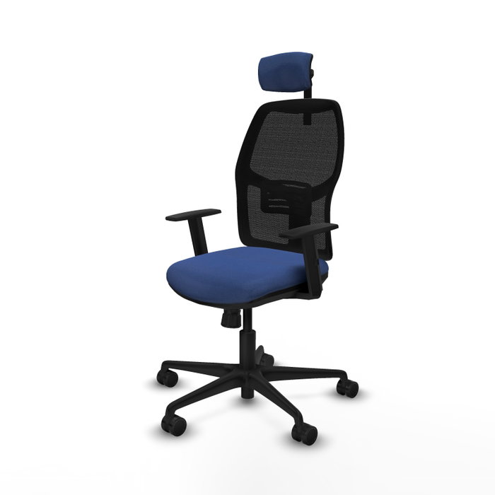 Chaise Alfera Synchro 4 positions tissu Bleu foncé Maille Noir Base en nylon noir Accoudoir 1D Appui-tête 2D Roulettes 65mm nylon