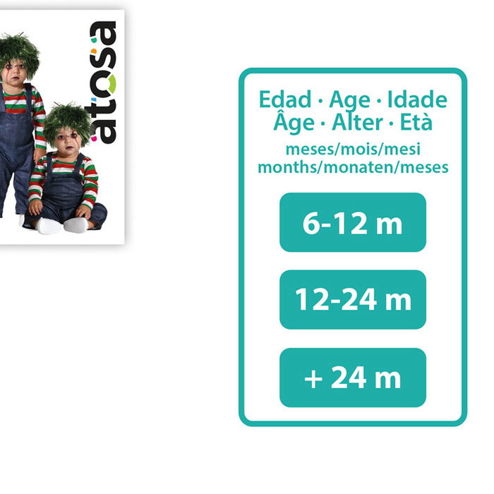 Déguisement Bébé Halloween 24 Mois en Muñeco de Película d'Horreur avec Salopette et Chemise à Rayes, Taille Bébé Garçon