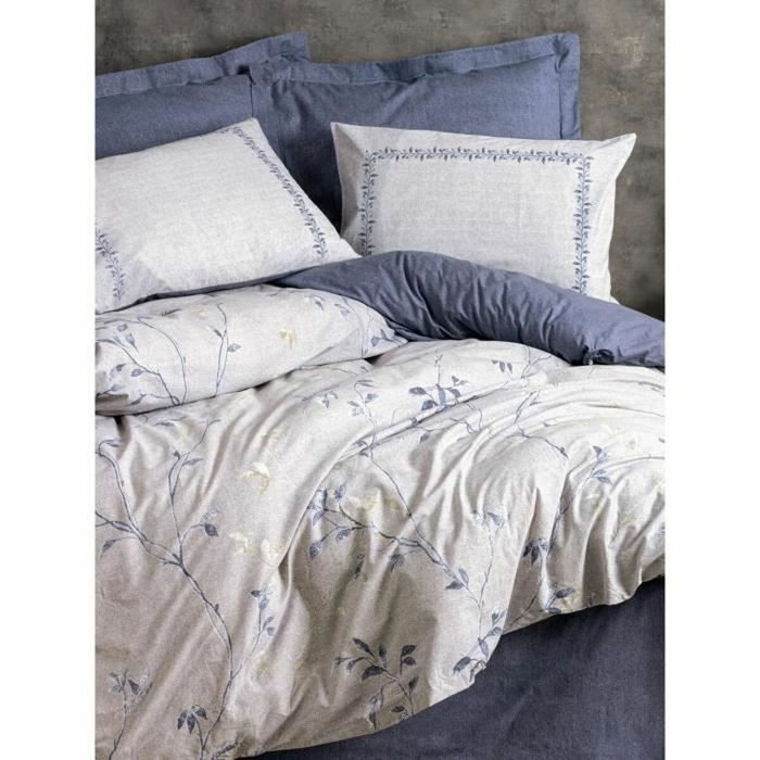 BigBuy Home Parure de couette en coton renforcé 220 x 240 cm, Bleu foncé et Gris clair