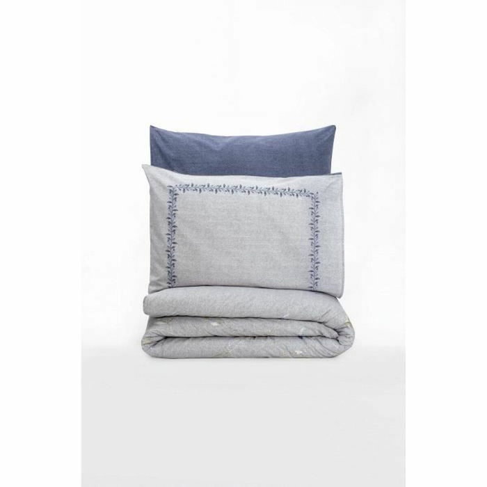 BigBuy Home Parure de couette en coton renforcé 220 x 240 cm, Bleu foncé et Gris clair