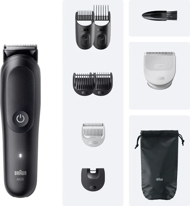 Braun AIO5540 - Tondeuse barbe et cheveux Series 5, 120 min d'autonomie, 14 réglages, 9 accessoires, rechargeable, fonction humide, noir