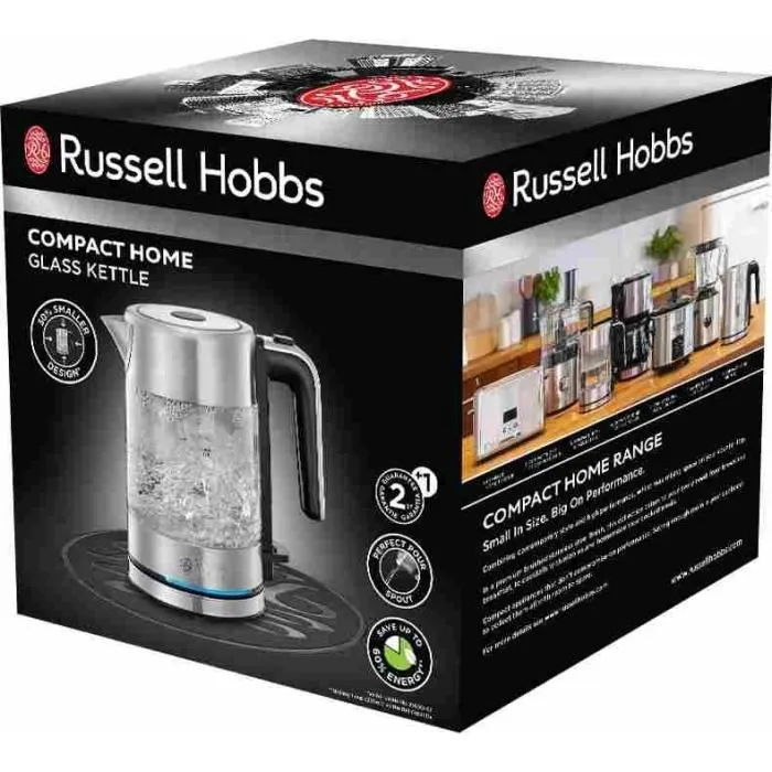 Russell Hobbs Bouilloire électrique en verre Compact Home 0.8 L 2200 W avec éclairage LED et ouverture automatique