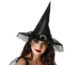 Atosa Chapeau de sorcière noir avec voile et étoiles dorées