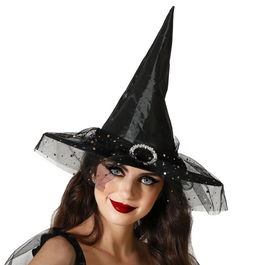 Chapeau de sorcière noir avec voile et étoiles dorées - Accessoire de déguisement élégant pour Halloween et fêtes