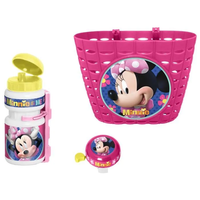 Disney - Set vélo Minnie - Corbeille, bidon 350ml et sonnette - Fixation universelle - Rose, blanc, jaune - Pour enfant à partir de 3 ans Disney - Set vélo Minnie - Corbeille, bidon 350ml et sonnette - Fixation universelle - Rose, blanc, jaune - Pour enfant à partir de 3 ans