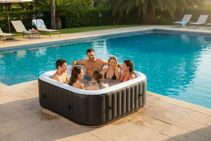 Sunspa - Kit Spa gonflable carré 6 places avec filtration, 130 micro-jets, 4 appuis-têtes, couverture, époussette et tapis
