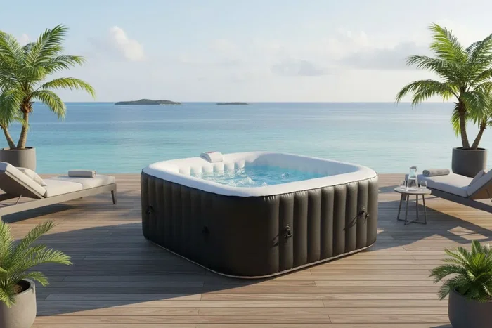 Sunspa - Kit Spa gonflable carré 6 places avec filtration, 130 micro-jets, 4 appuis-têtes, couverture, époussette et tapis