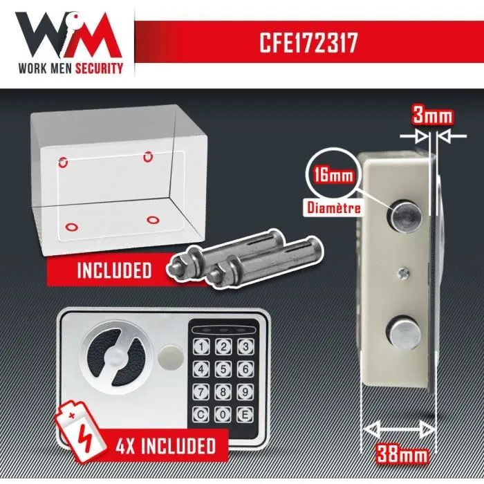 Work Men Coffre-fort électronique sécurisé CFE172317, dimensions 17 cm x 23 cm x 17 cm