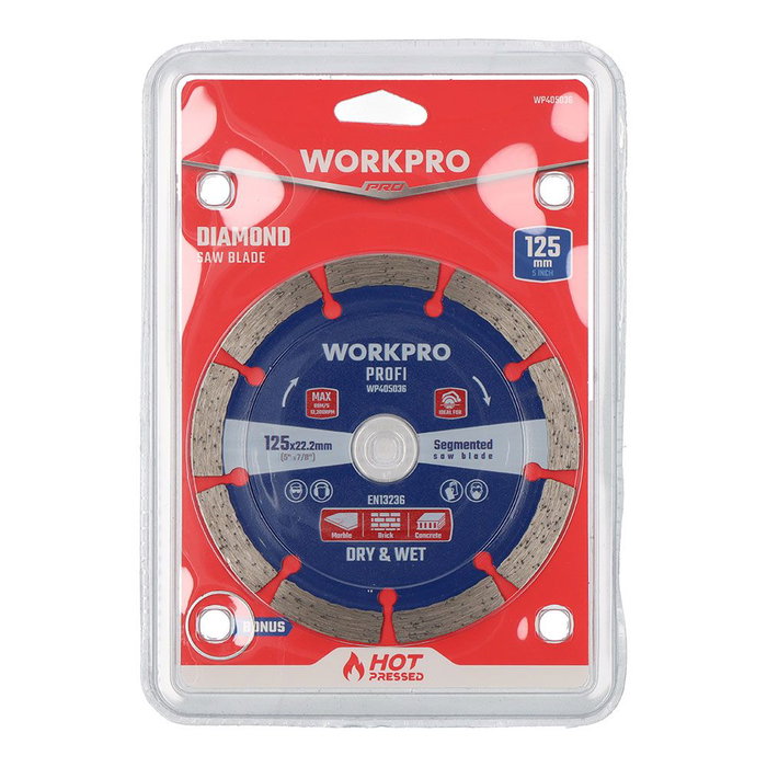 Workpro Disque diamanté segmenté profi Ø125 x 22,2 mm pour pierre, béton, brique, tuile, coupe à sec ou humide, 12 200 tr/min