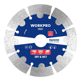 Workpro Disque diamanté segmenté profi Ø125 x 22,2 mm pour pierre, béton, brique, tuile, coupe à sec ou humide, 12 200 tr/min