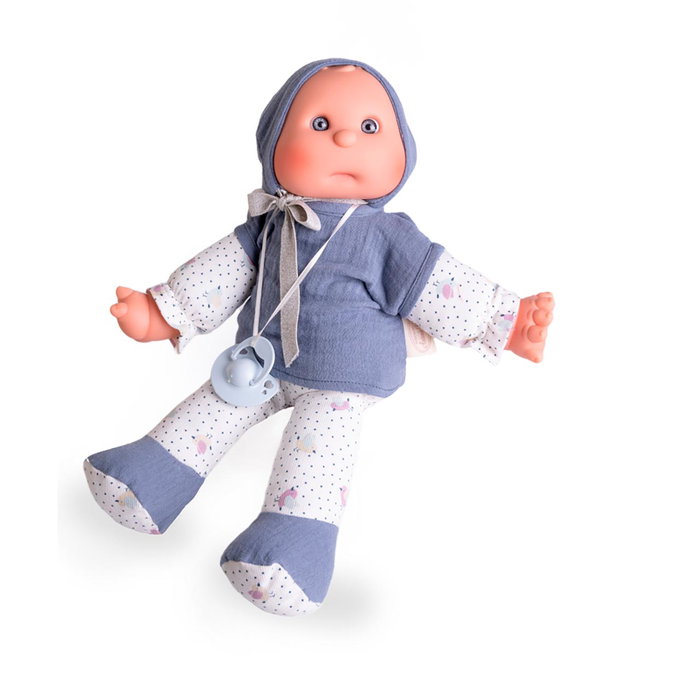 Muñecas Antonio Juan Dolly Musical Mon Premier Poupon Garçon 83207 - Poupée avec Capote, T-Shirt et Boîte à Musique, Jouet pour Enfants +18 Mois