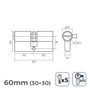 Edm Cylindre en laiton 60 mm (30+30 mm) Leva longue R15 avec 5 clés de sécurité