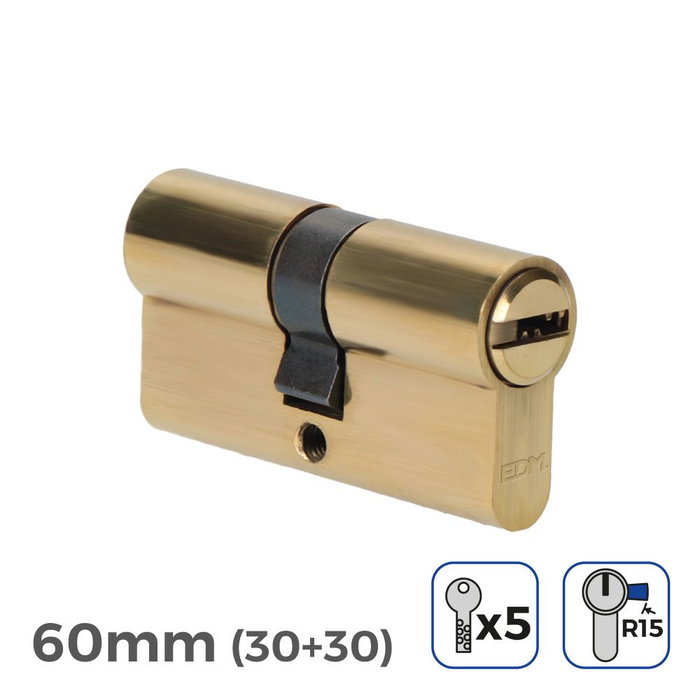 Edm Cylindre en laiton 60 mm (30+30 mm) Leva longue R15 avec 5 clés de sécurité Edm Cylindre en laiton 60 mm (30+30 mm) Leva longue R15 avec 5 clés de sécurité