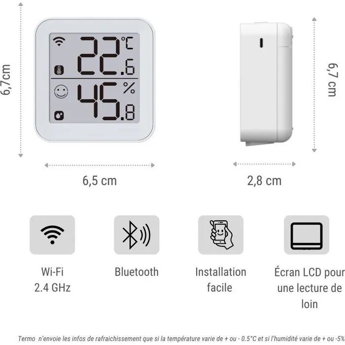 Konyks Termo 2 - Thermomètre et Hygromètre Intérieur WiFi - Détecteur de Température et Humidité avec Grand Écran - Blanc - Connectivité Bluetooth et Notifications Smartphone