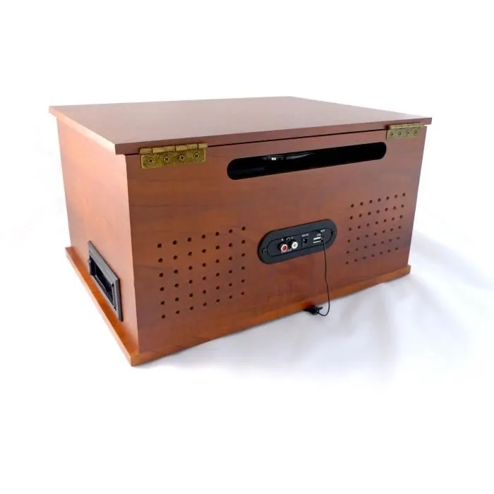 Inovalley RETRO10E-BTH-N - Chaîne Hi-Fi rétro Bluetooth avec lecteur de vinyles, CD, K7 audio, radio FM, USB et Aux-In en bois vieilli