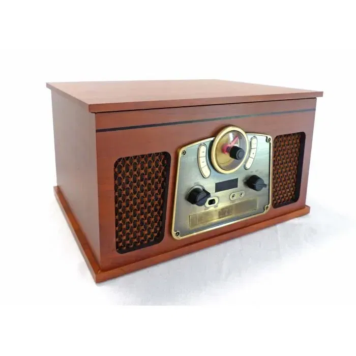 Inovalley RETRO10E-BTH-N - Chaîne Hi-Fi rétro Bluetooth avec lecteur de vinyles, CD, K7 audio, radio FM, USB et Aux-In en bois vieilli