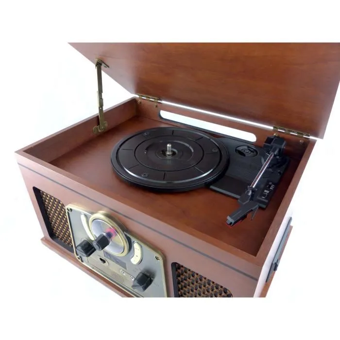 Inovalley RETRO10E-BTH-N - Chaîne Hi-Fi rétro Bluetooth avec lecteur de vinyles, CD, K7 audio, radio FM, USB et Aux-In en bois vieilli