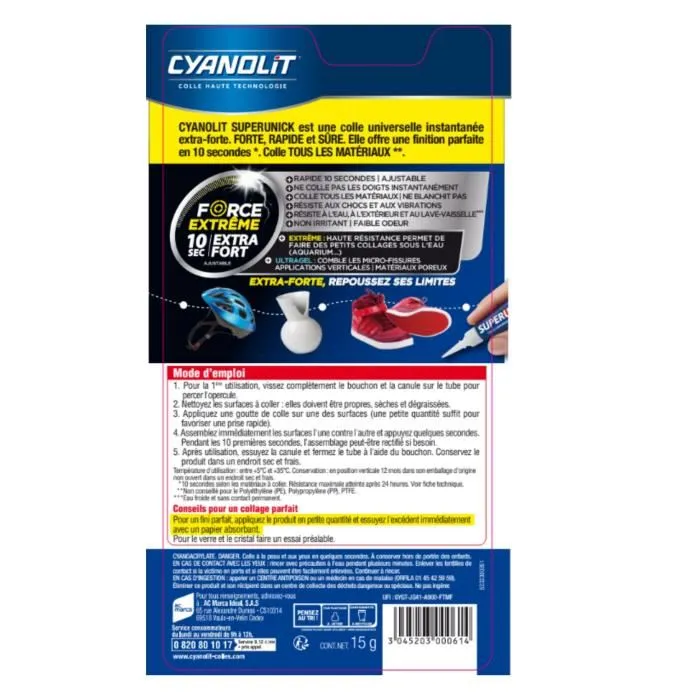 Cyanolit Super Unick Instant Plastic Colle Cyanolit ultra-rapide polyvalente 3 g pour plastique, bois, métal, verre et céramique - Résiste à 200 kg/cm2, -40°C à +95°C