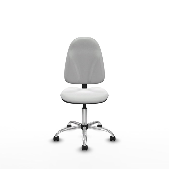 Chaise de bureau Algarra avec mécanisme de contact permanent de base, recouverte de tissu blanc. Équipée d'une base chromée, sans accoudoirs et de roulettes pour parquet.