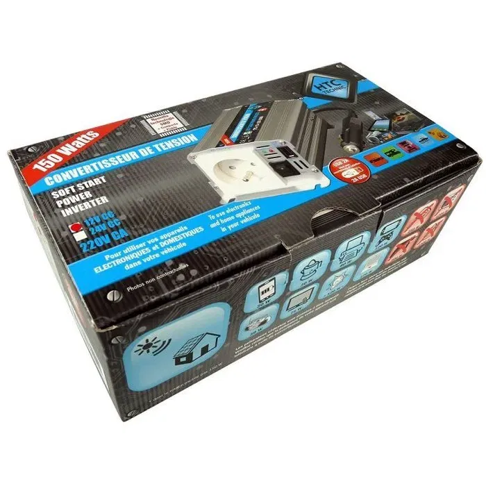 HTC TECHNIC Convertisseur de tension 12V 220V 150W pour voiture avec prise USB-A 2A et protections surchauffe, surcharge et court-circuit - livré avec cordon allume-cigare