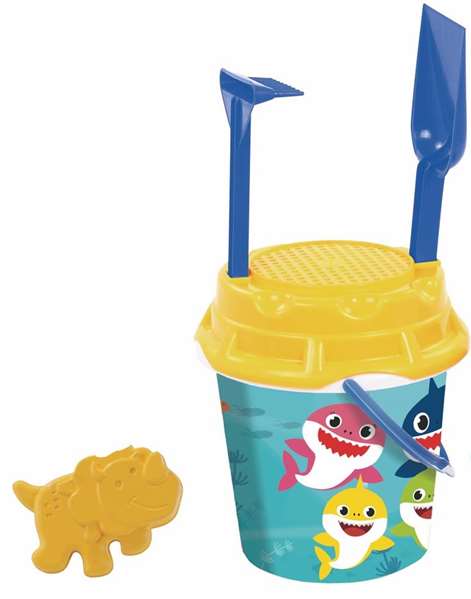 AVC - Cubo de playa tiburones - Seau de plage avec pelle, râteau, tamis et 2 figurines de requin - Diamètre 18 cm - Ensemble de jouets de plage pour enfants