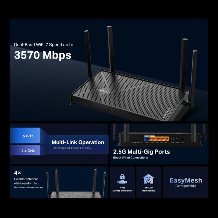 TP-Link Archer BE230 Routeur WiFi 7 Tri-Band 6 GHz, Wi-Fi 7, Vitesse jusqu'à 19 Gbps, 1 Port WAN/LAN 10 Gbps, 4 Ports LAN Gigabit, 1 Port USB 3.0, MU-MIMO, OFDMA