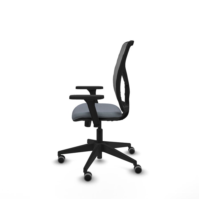 Chaise Motilla Synchro 3 positions tissu Gris Base pyramidale noire Accoudoir 3D Sans appui-tête Roulettes 65mm pour moquette