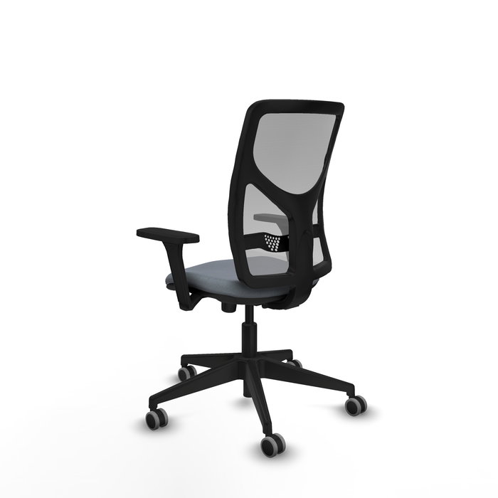 Chaise Motilla Synchro 3 positions tissu Gris Base pyramidale noire Accoudoir 3D Sans appui-tête Roulettes 65mm pour moquette