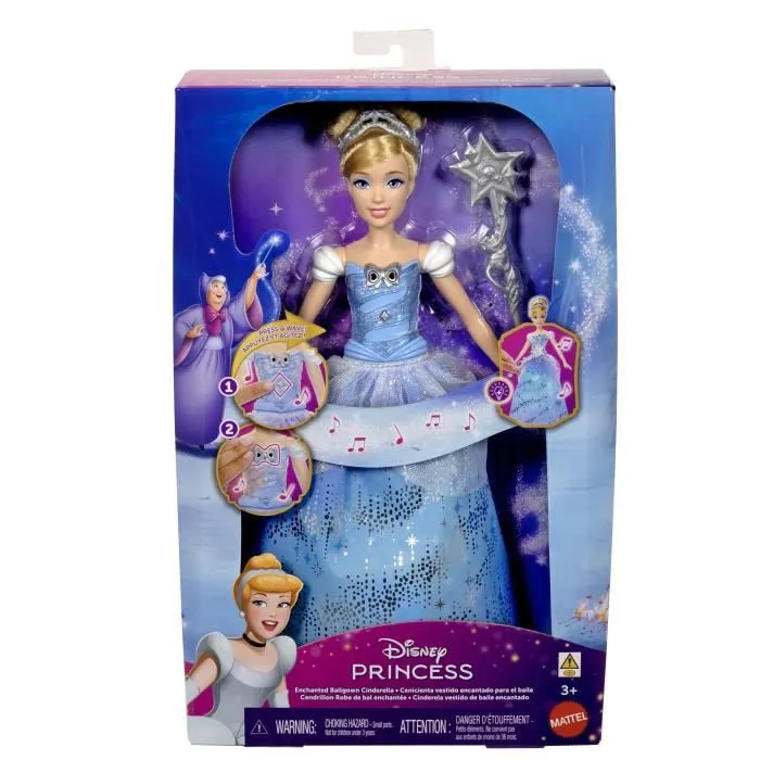 Disney Princess Poupée Cendrillon avec Robe Enchantée - Baguette Magique, Sons et Lumières, 6 Modes de Jeu - JBF94