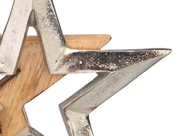 Giftdecor Support Décoratif Double Étoile Argenté - 15 x 15 x 6 cm, Aluminium et Bois (Set de 12)