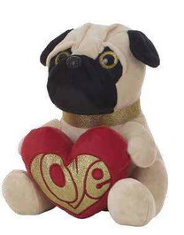 Creaciones Llopis Pug cœur 26 cm, peluche chien carlin en polyester, jouet pour enfants à partir de 3 ans