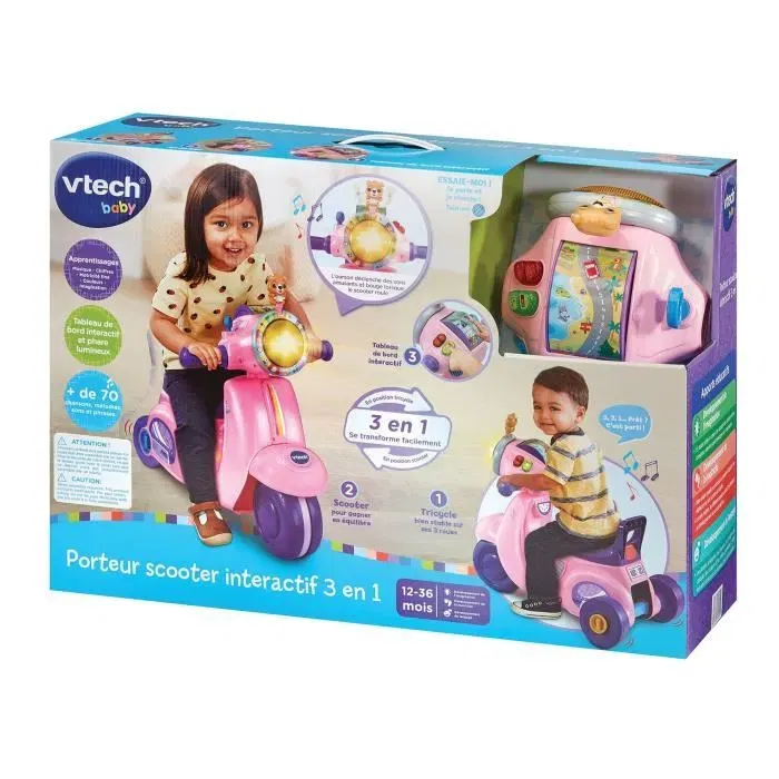 Vtech Porteur Scooter Interactif 3 en 1 Rose, Évolutif en Tricycle, avec GPS et Sons Éducatifs, Jouet d'Éveil pour Enfant