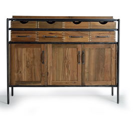 GINER Y COLOMER Buffet en teck et bois de manguier avec métal, couleur naturel, 8 tiroirs et 3 portes, 110 x 140 x 40 cm