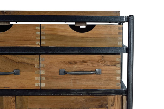 GINER Y COLOMER Buffet en teck et bois de manguier avec métal, couleur naturel, 8 tiroirs et 3 portes, 110 x 140 x 40 cm